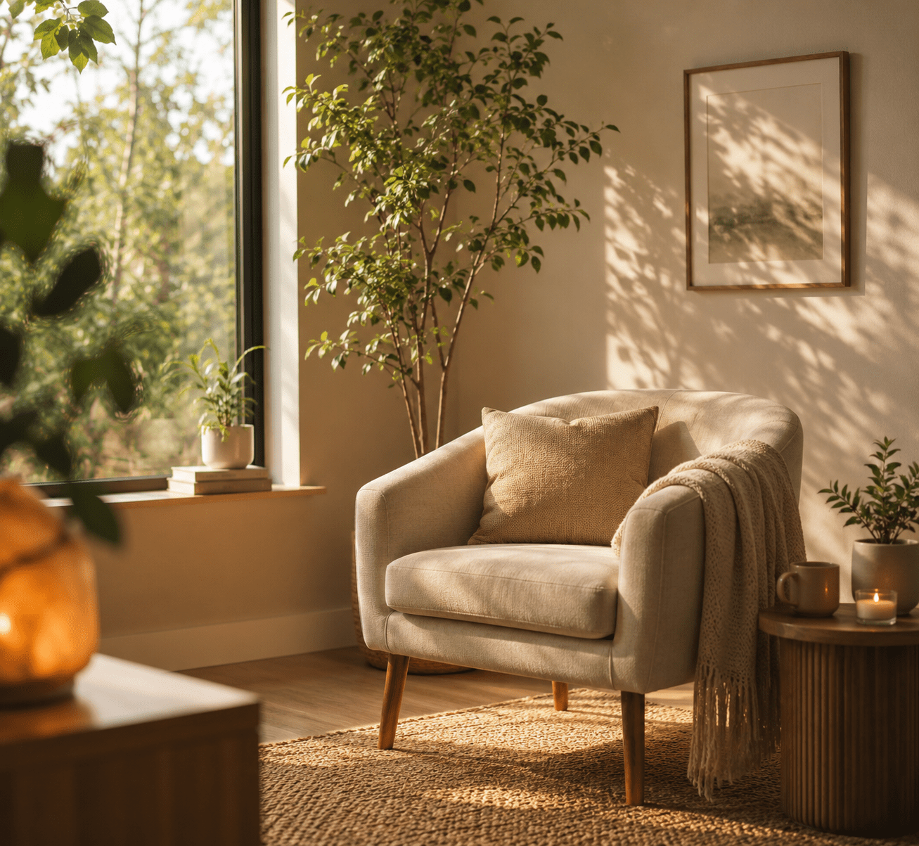 Cozy armchair with a pillow and blanket, surrounded by plants and soft evening light. Perfect for relaxing or reading in a calming space.
