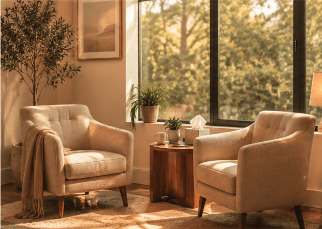Cozy reading nook featuring two beige armchairs, a wooden side table with a plant and cup, and large windows overlooking greenery.